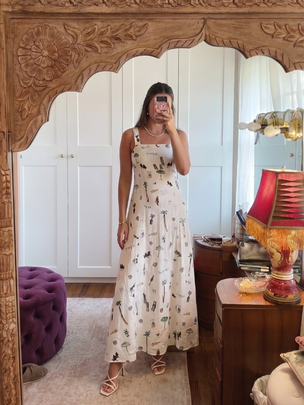 Chic Summer Linen Illustrated Resort Print Maxi Sundress with Pockets Size M